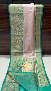 Pale Pink Banaras Katan Saree with Seagreen Border